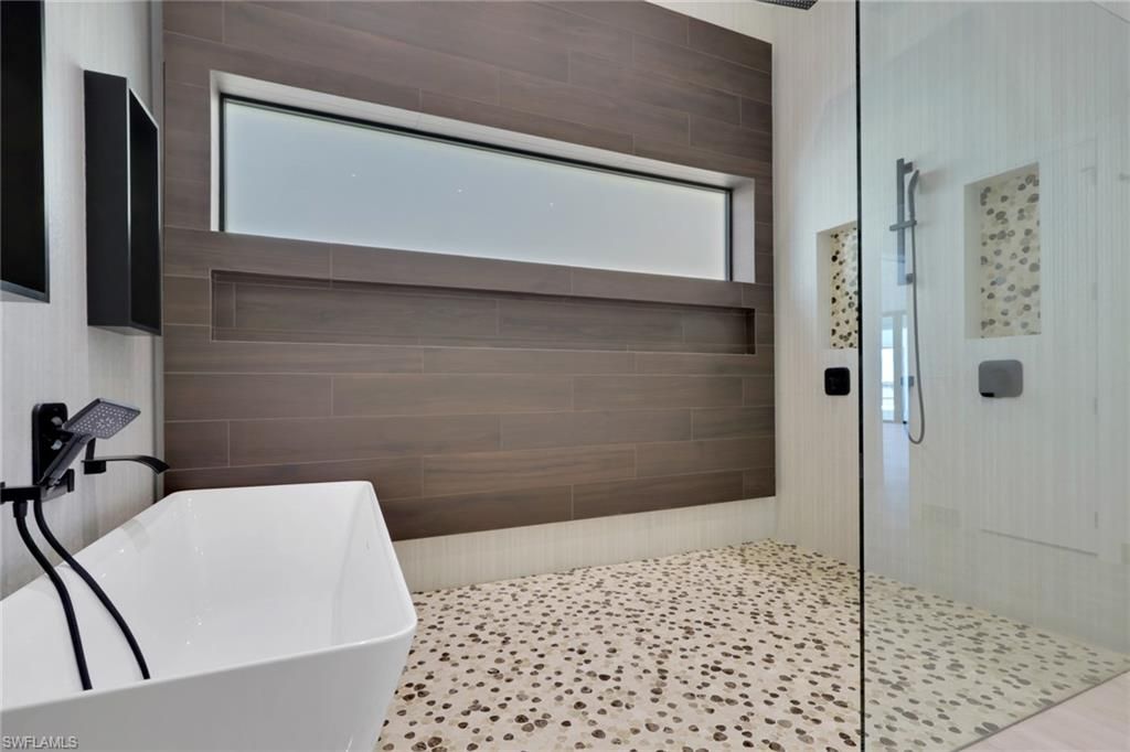 Bathroom, Free Standing Baths, Glass Shower, Interior, Wooden Walls