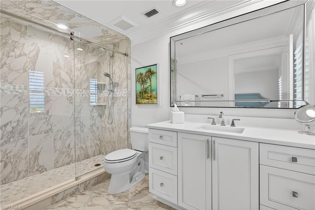 Bathroom, Glass Shower, Interior, Marble, Marble Walls, Recessed Lighting