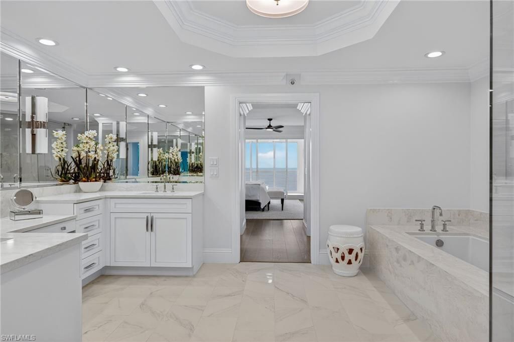 Bathroom, Bedroom, Dual Sink Vanities, Interior, Marble, Recessed Lighting, Water, Wood Texture Flooring