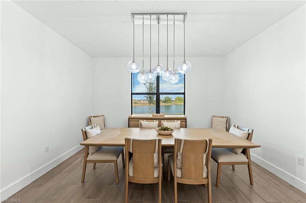 Dining room, Interior, Pendant Lights, Wood Texture Flooring