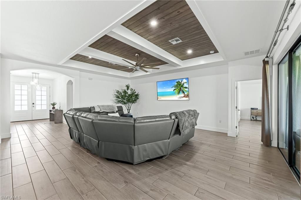 Interior, Living room, Pendant Lights, Recessed Lighting, Wooden Ceilings, Wood Texture Flooring