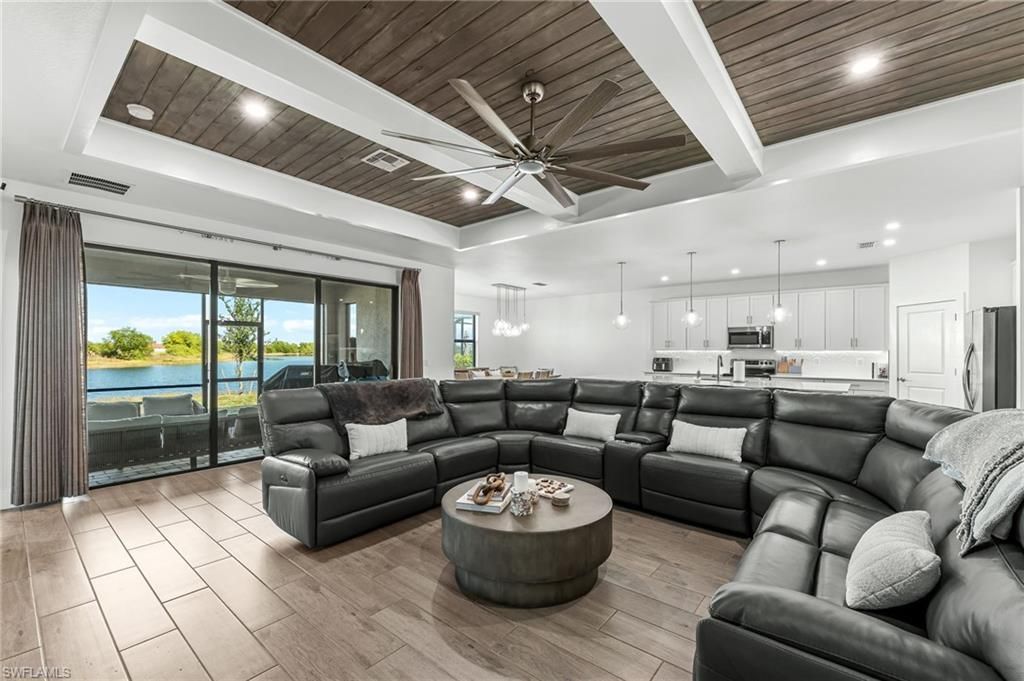 Interior, Kitchen, Living room, Pendant Lights, Recessed Lighting, Water, Wooden Ceilings, Wood Texture Flooring