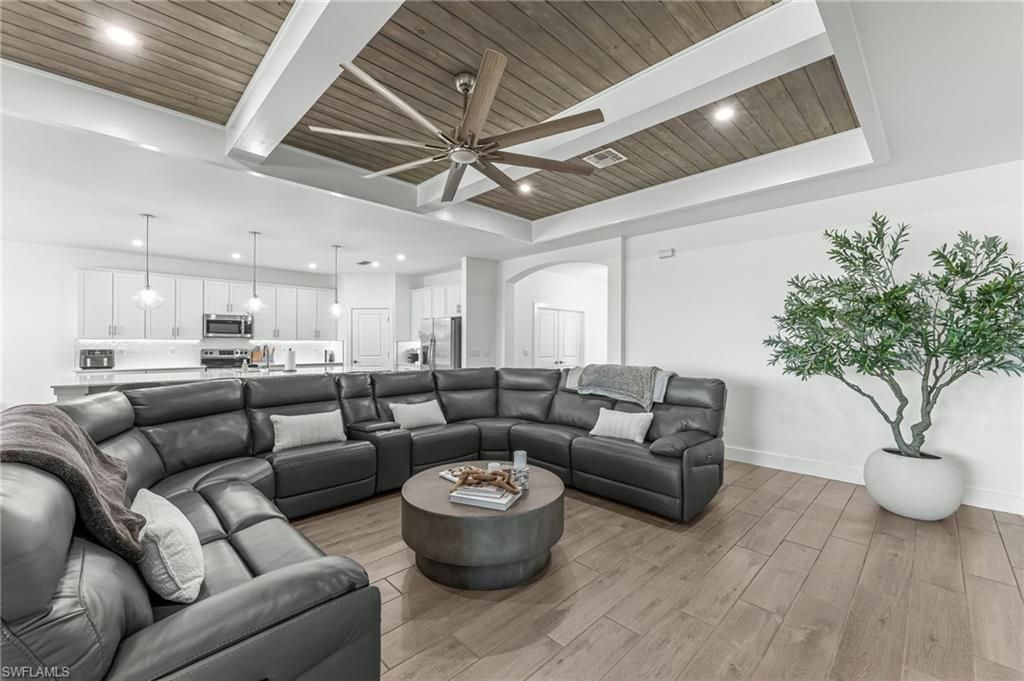 Interior, Kitchen, Living room, Pendant Lights, Recessed Lighting, Stainless Steel Appliances, Wooden Ceilings, Wood Texture Flooring