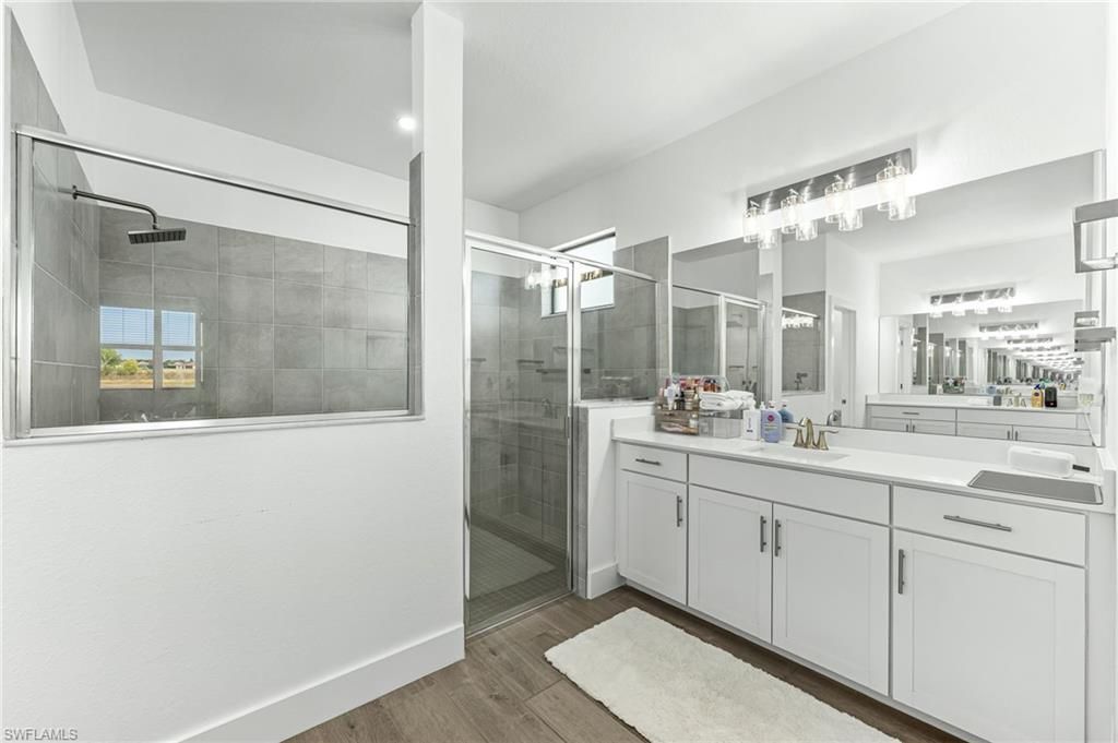 Bathroom, Glass Shower, Interior, Recessed Lighting, Wood Texture Flooring