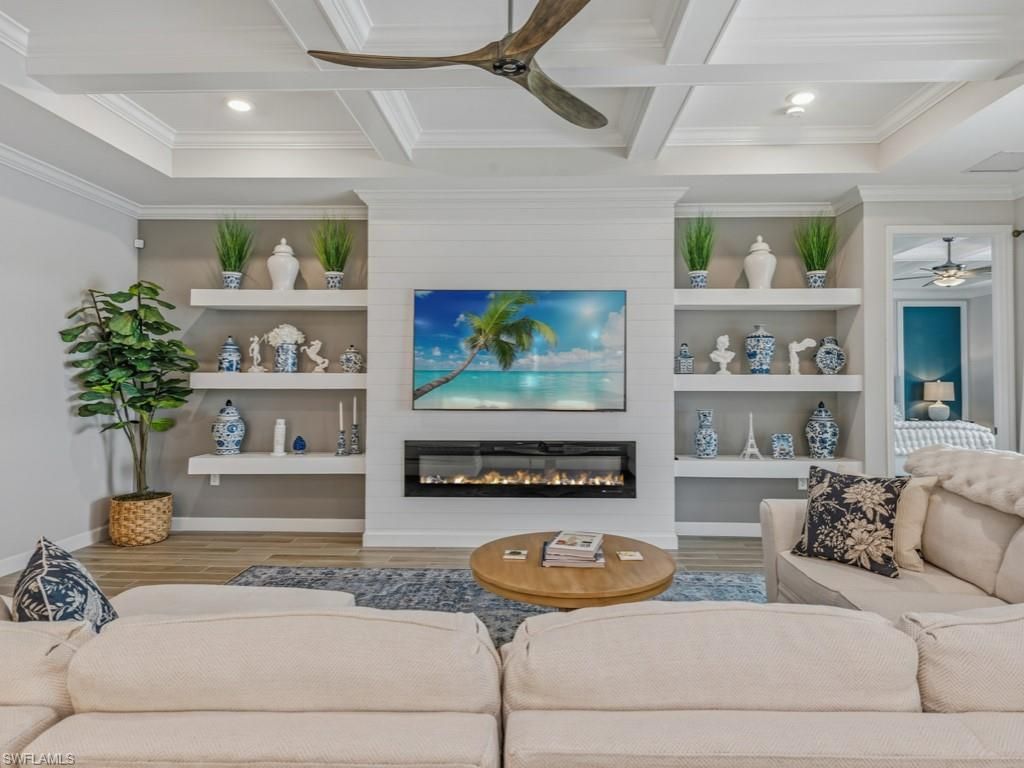 Fireplace, Interior, Living room, Recessed Lighting, Wood Texture Flooring