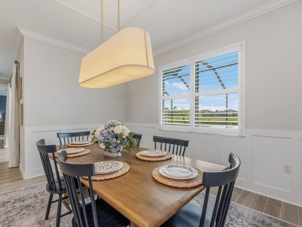 Dining room, Interior, Pendant Lights, Wood Texture Flooring