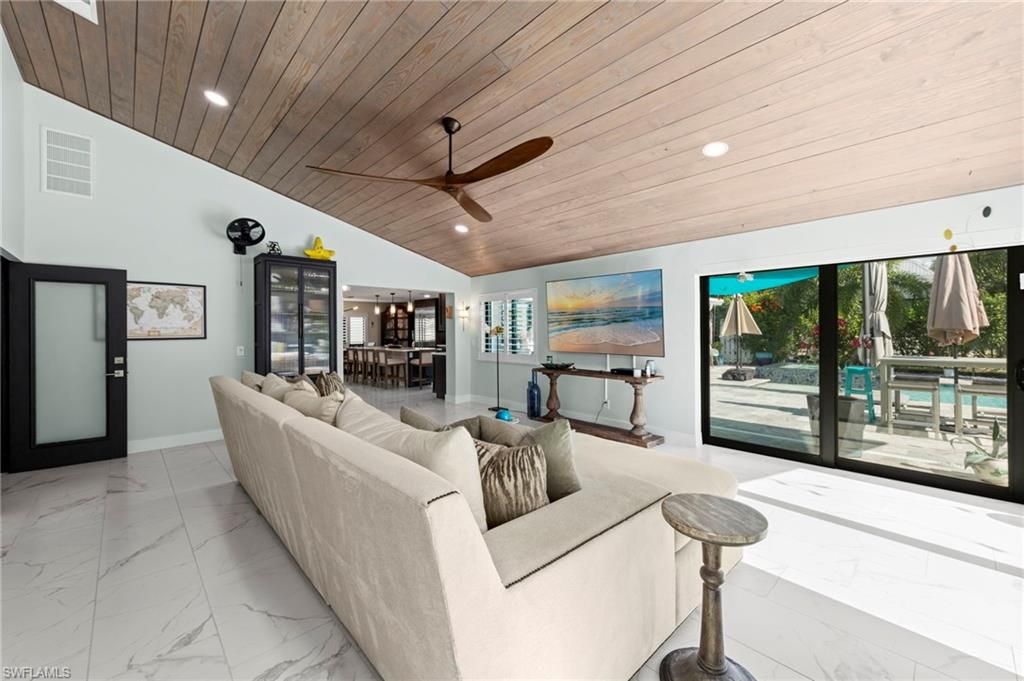 Interior, Living room, Marble, Recessed Lighting, Wooden Ceilings