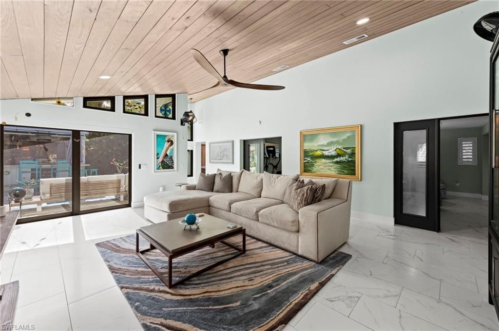 Interior, Living room, Marble, Recessed Lighting, Wooden Ceilings