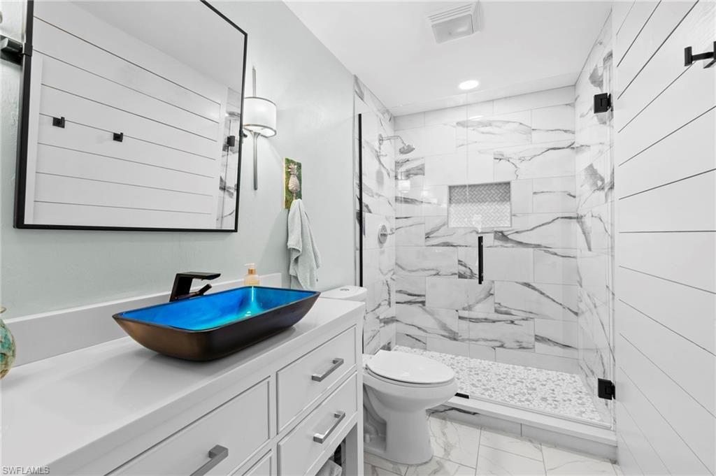 Bathroom, Glass Shower, Interior, Marble, Marble Walls, Recessed Lighting