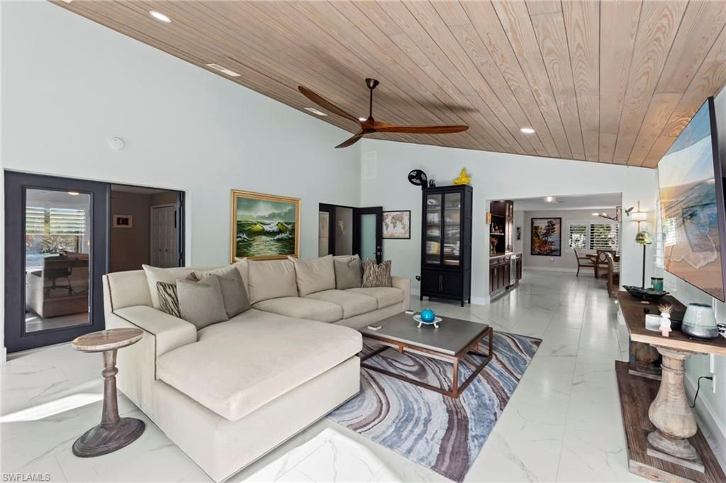 Interior, Living room, Marble, Recessed Lighting, Wooden Ceilings