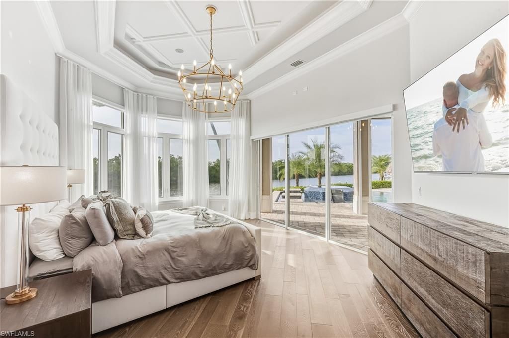 Bedroom, Chandelier, Interior, Pendant Lights, Recessed Lighting, Wood Texture Flooring