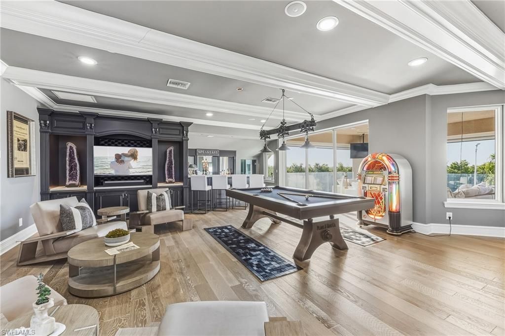 Billiard Table, Game Room, Interior, Living room, Pendant Lights, Projection Screen, Recessed Lighting, Wood Texture Flooring
