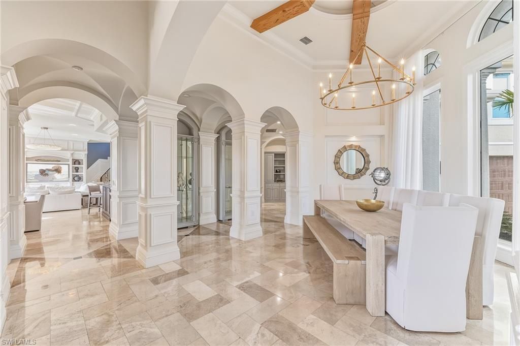 Chandelier, Dining room, Interior, Pendant Lights, Wooden Beams