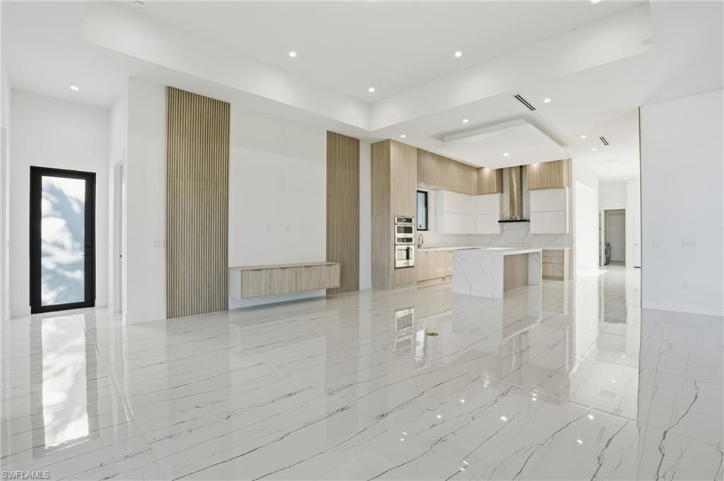 Empty room, Interior, Kitchen, Marble, Recessed Lighting, Stainless Steel Appliances