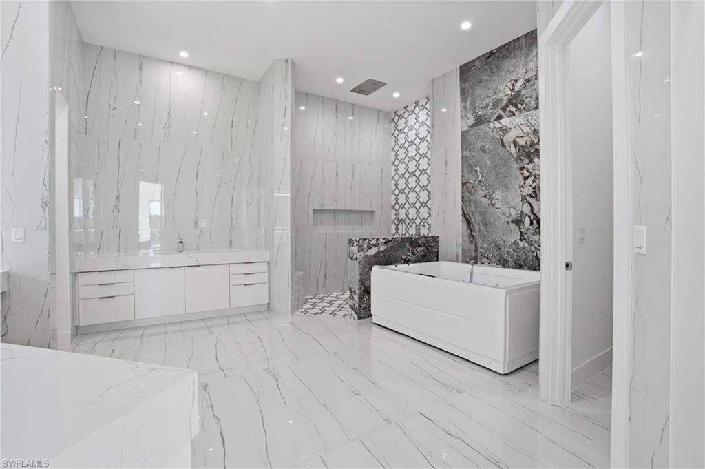 Bathroom, Free Standing Baths, Interior, Marble, Marble Walls, Recessed Lighting