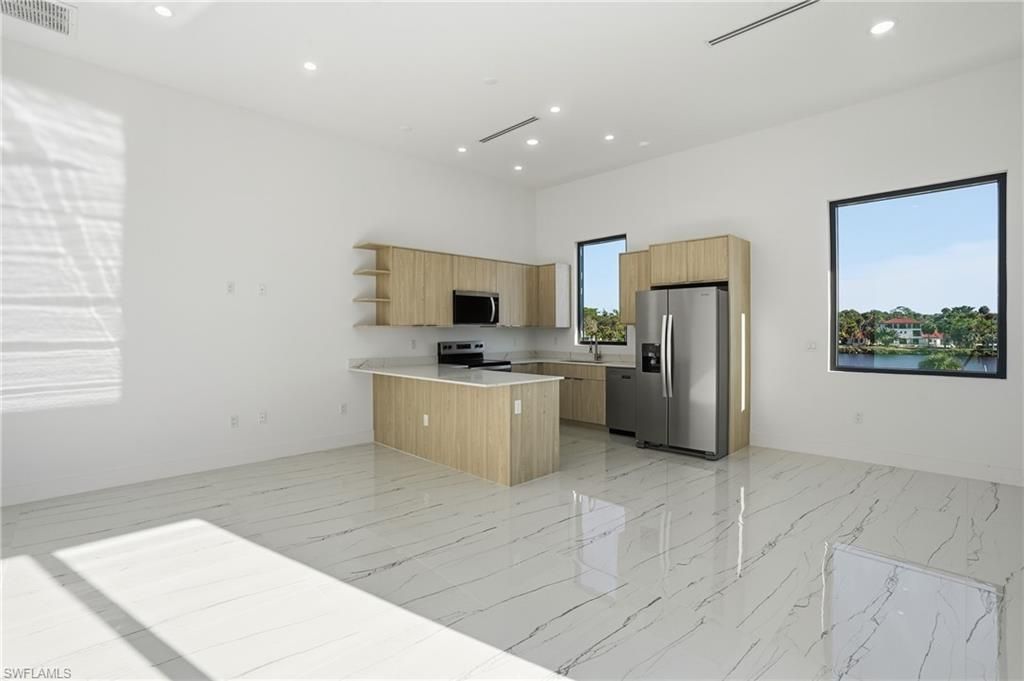 Interior, Kitchen, Marble, Recessed Lighting, Stainless Steel Appliances