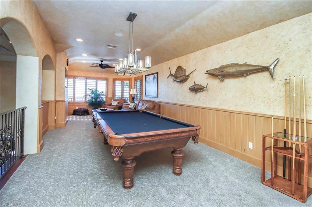 Billiard Table, Chandelier, Game Room, Interior, Recessed Lighting