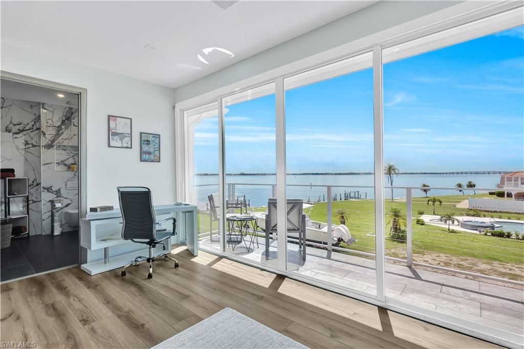 Home Office, Interior, Marble Walls, Recessed Lighting, Water, Wood Texture Flooring