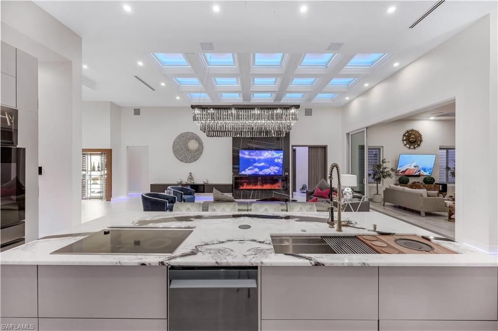 Chandelier, Fireplace, Interior, Kitchen, Living room, Recessed Lighting