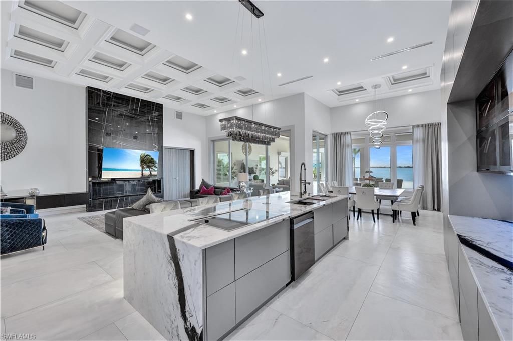 Dining room, Fireplace, Interior, Kitchen, Living room, Pendant Lights, Recessed Lighting, Water