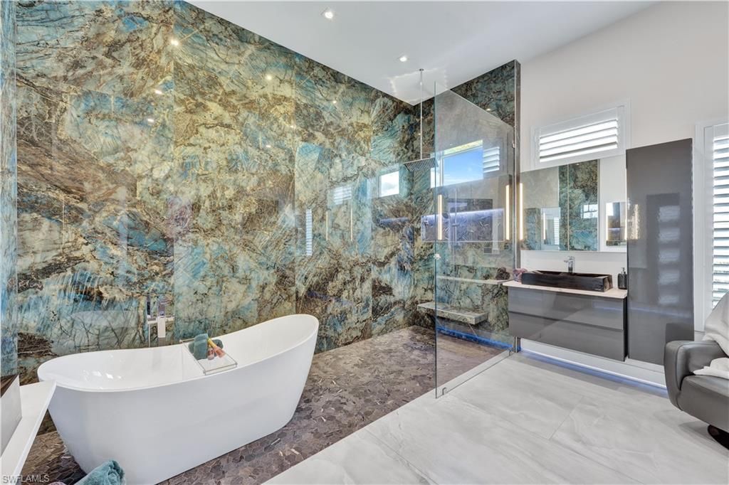 Bathroom, Free Standing Baths, Glass Shower, Interior, Marble, Recessed Lighting