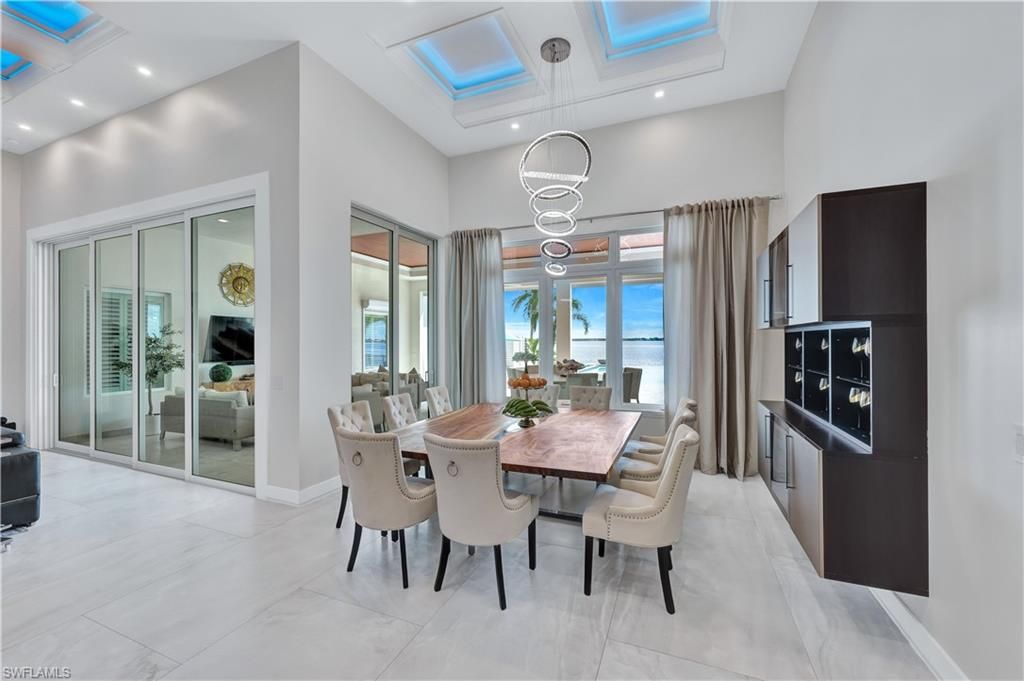 Dining room, Interior, Marble, Pendant Lights, Recessed Lighting, Water
