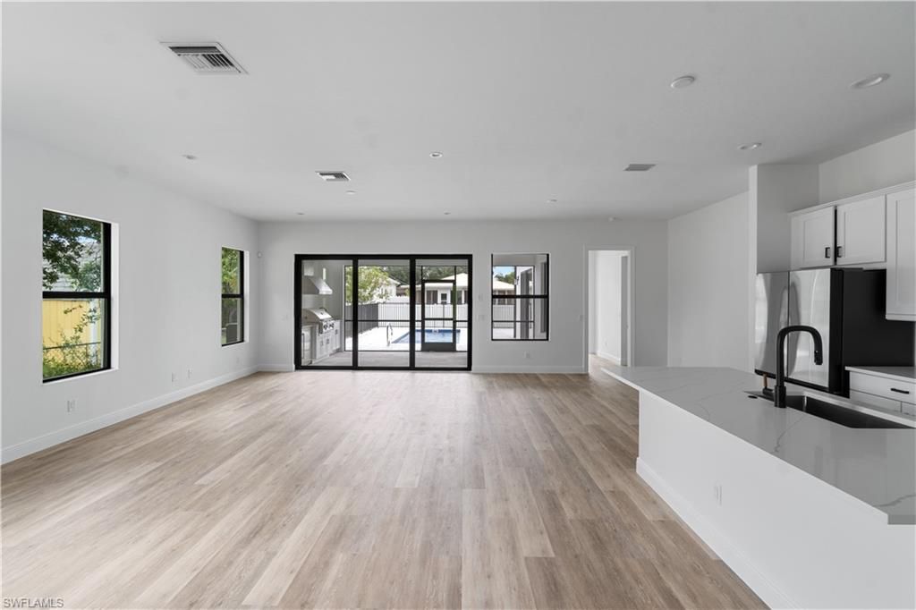 Empty room, Interior, Kitchen, Recessed Lighting, Wood Texture Flooring