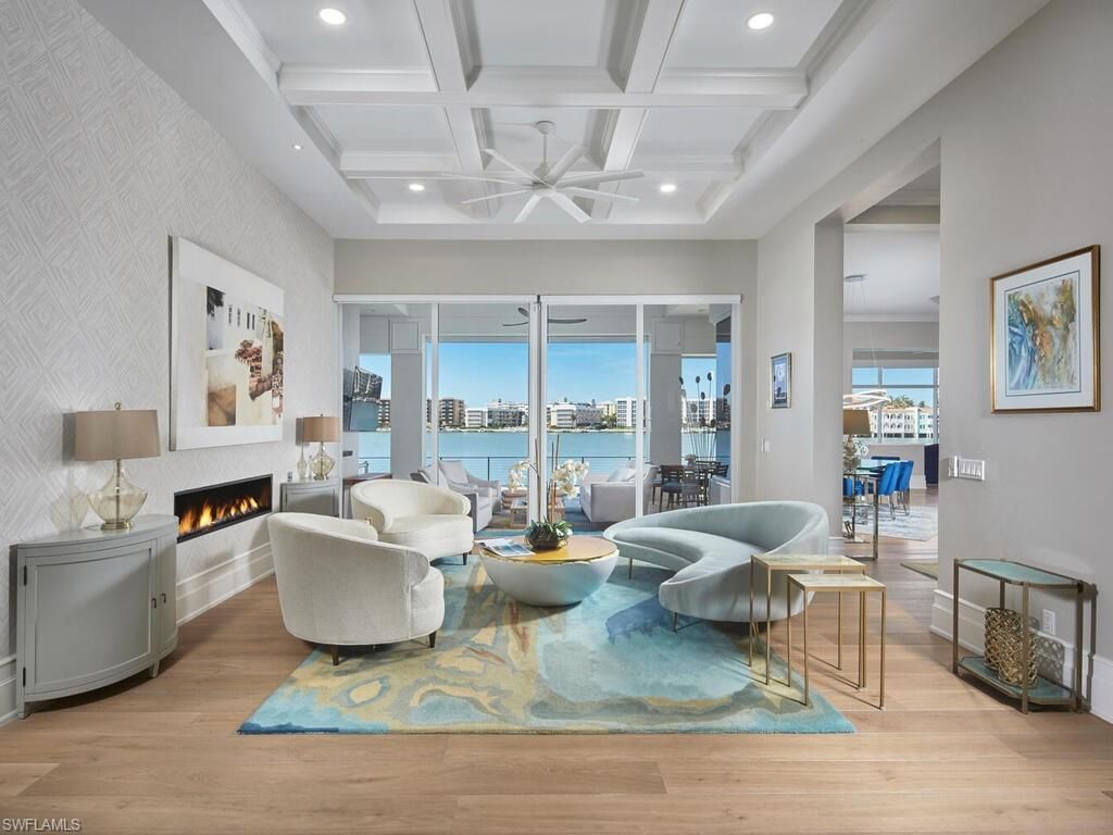 Fireplace, Interior, Living room, Recessed Lighting, Water, Wood Texture Flooring