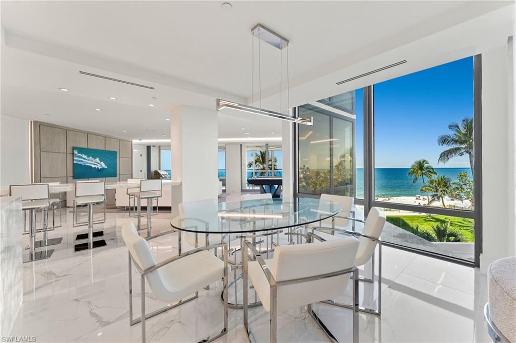 Dining room, Interior, Living room, Marble, Pendant Lights, Recessed Lighting, Water