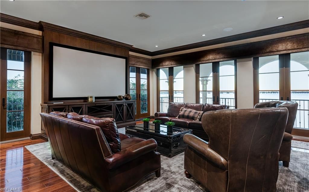 Interior, Living room, Projection Screen, Recessed Lighting, Theatre Room, Wood Texture Flooring
