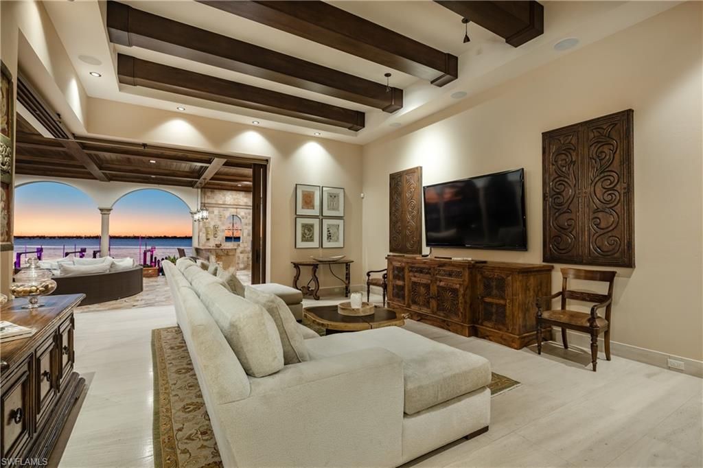 Interior, Living room, Recessed Lighting, Water, Wooden Beams, Wood Texture Flooring