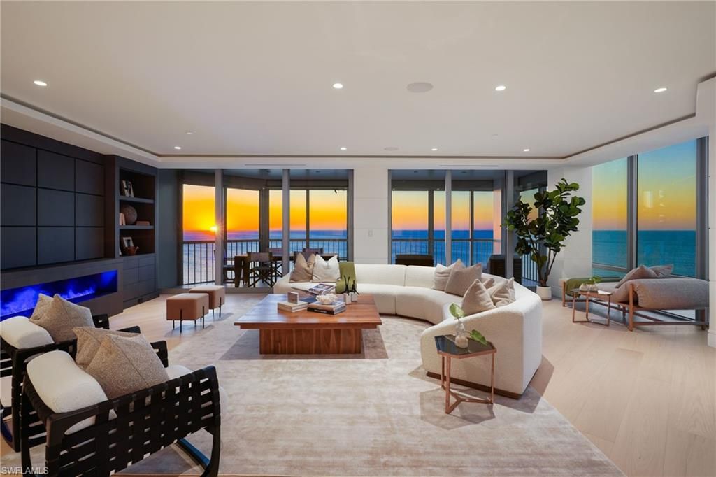 Fireplace, Interior, Living room, Recessed Lighting, Water, Wood Texture Flooring