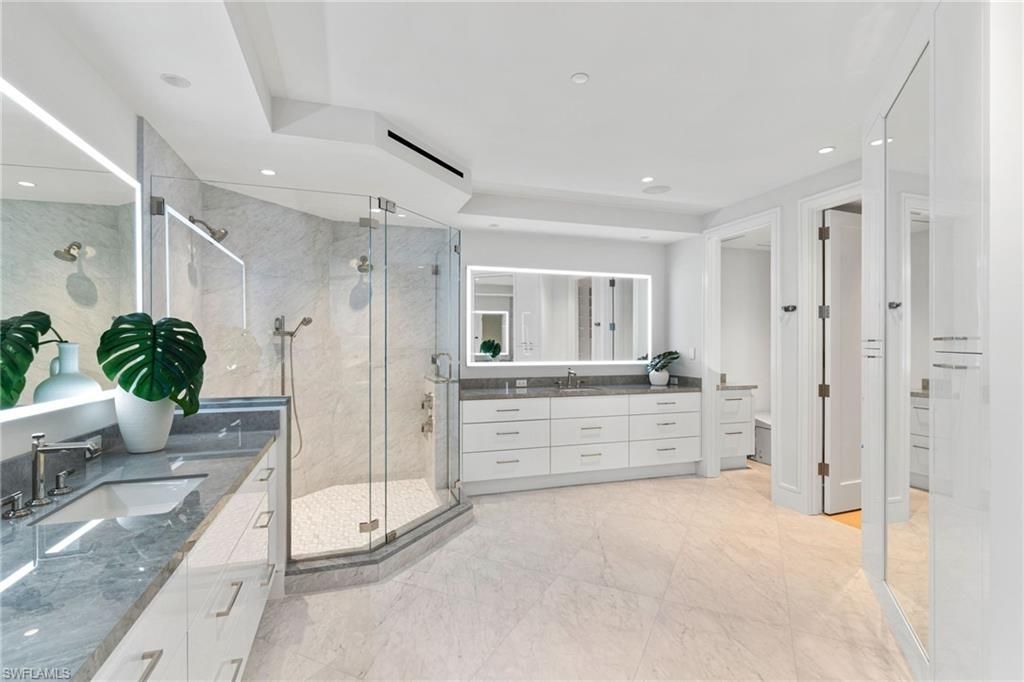 Bathroom, Dual Sink Vanities, Glass Shower, Interior, Marble Walls, Recessed Lighting