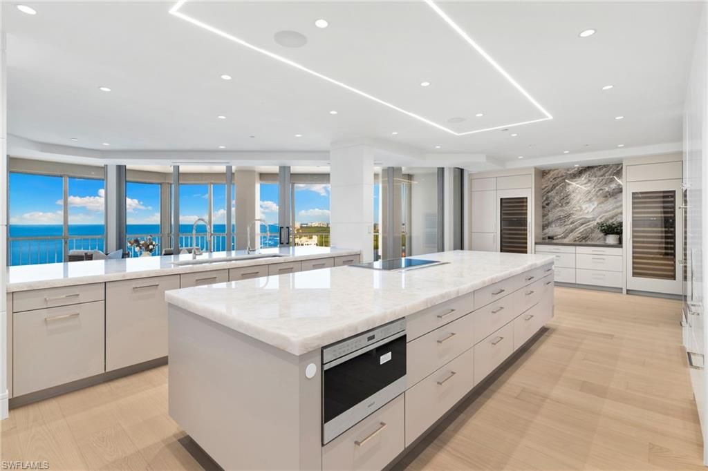 Interior, Kitchen, Recessed Lighting, Stainless Steel Appliances, Water, Wood Texture Flooring