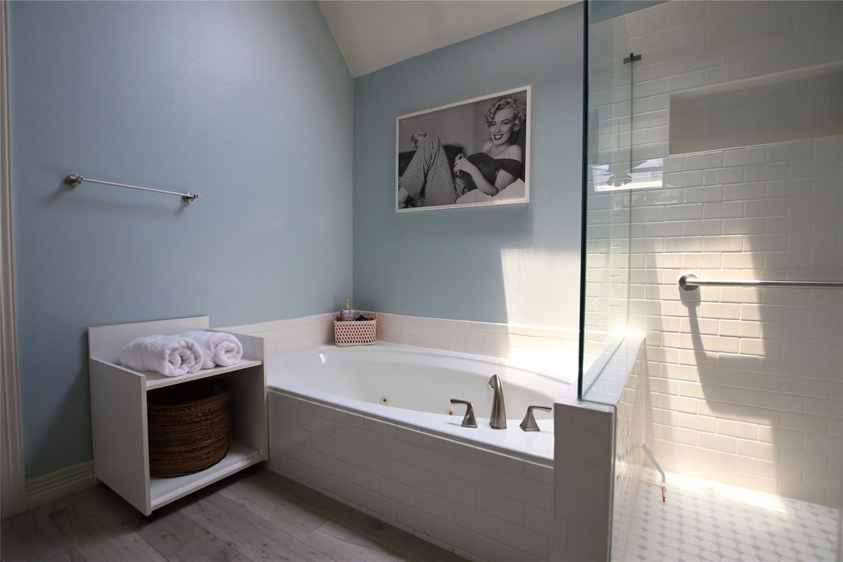 Bathroom, Glass Shower, Interior, Wood Texture Flooring