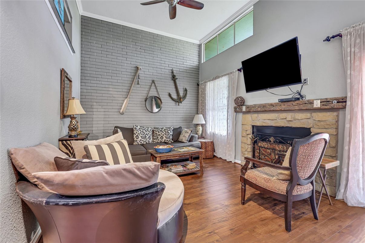 Fireplace, Interior, Living room, Stone Walls, Wood Texture Flooring