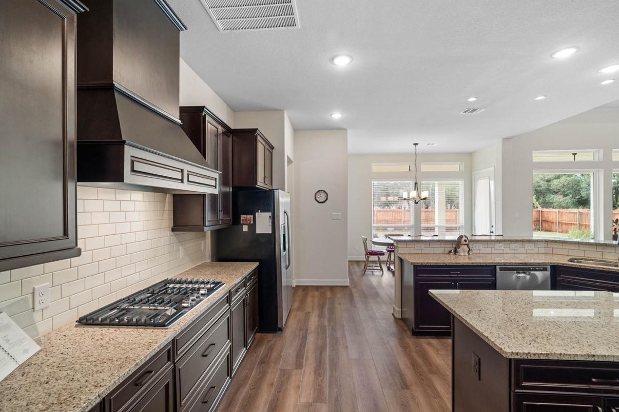 Chandelier, Dining room, Interior, Kitchen, Pendant Lights, Recessed Lighting, Wood Texture Flooring