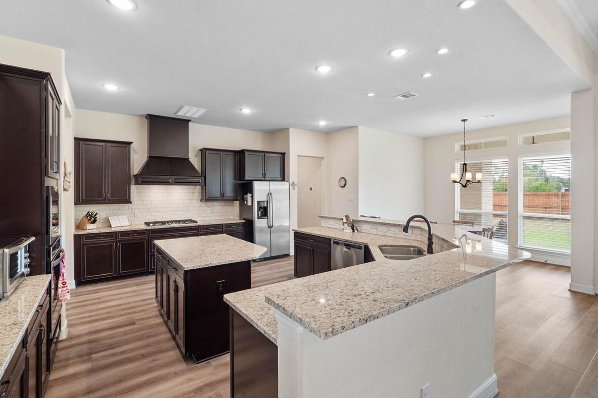 Chandelier, Interior, Kitchen, Pendant Lights, Recessed Lighting, Stainless Steel Appliances, Wood Texture Flooring