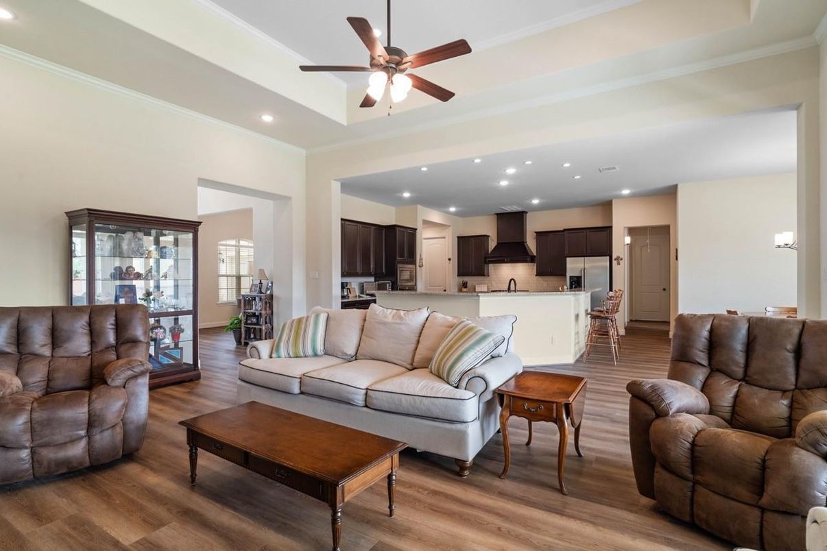 Interior, Kitchen, Living room, Recessed Lighting, Stainless Steel Appliances, Wood Texture Flooring