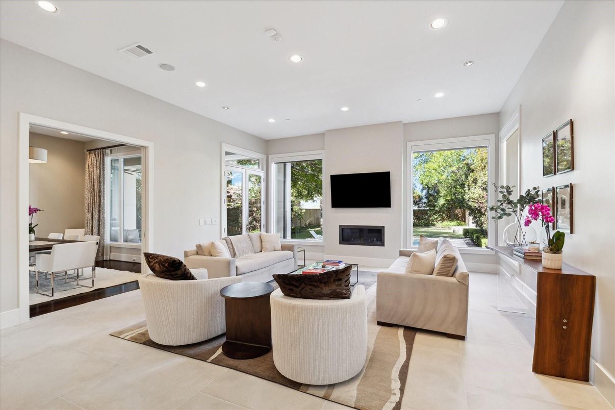 Dining room, Fireplace, Interior, Living room, Recessed Lighting