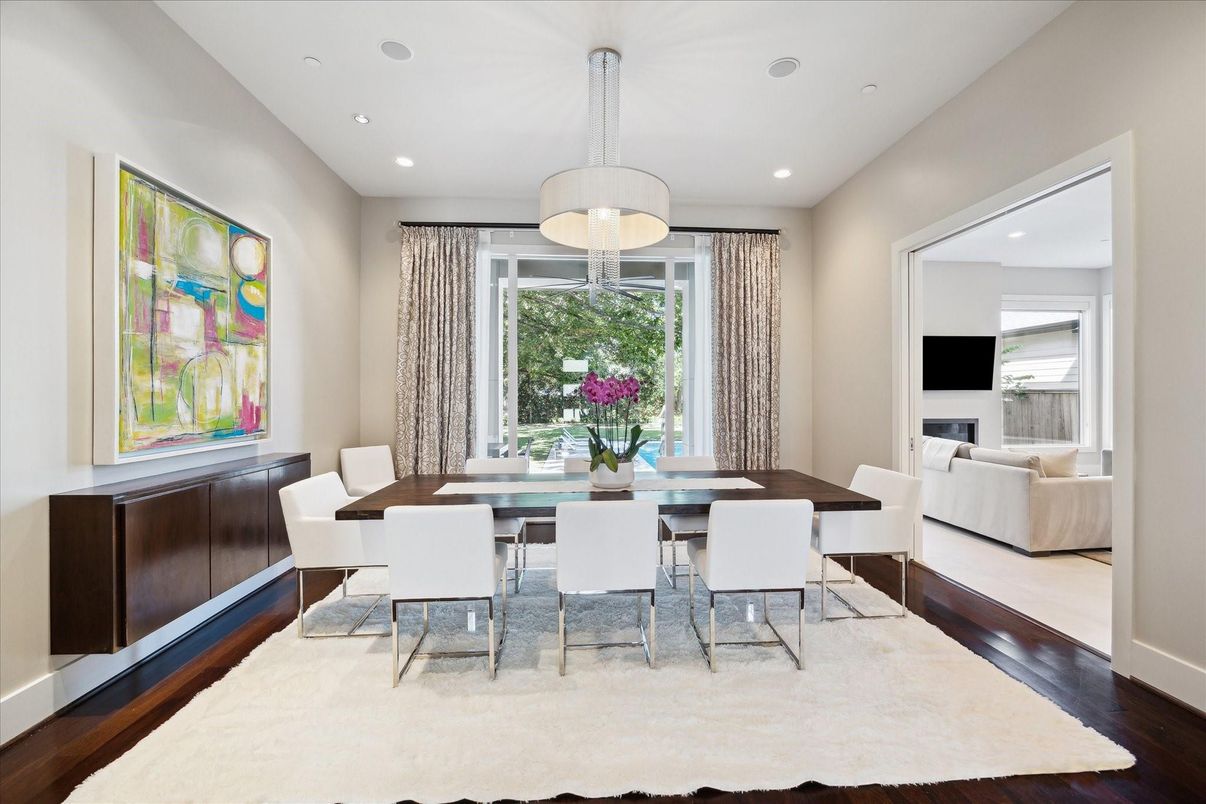 Dining room, Interior, Living room, Recessed Lighting, Wood Texture Flooring