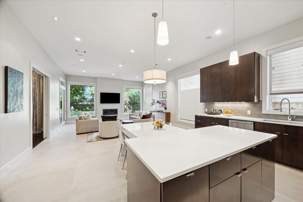 Fireplace, Interior, Kitchen, Living room, Pendant Lights, Recessed Lighting