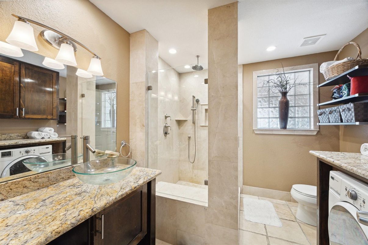 Bathroom, Glass Shower, Interior, Recessed Lighting, Washer