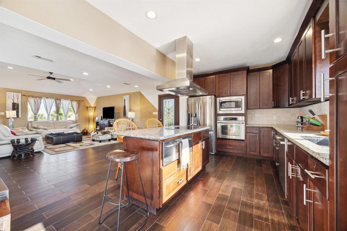 Interior, Kitchen, Living room, Recessed Lighting, Stainless Steel Appliances, Wood Texture Flooring