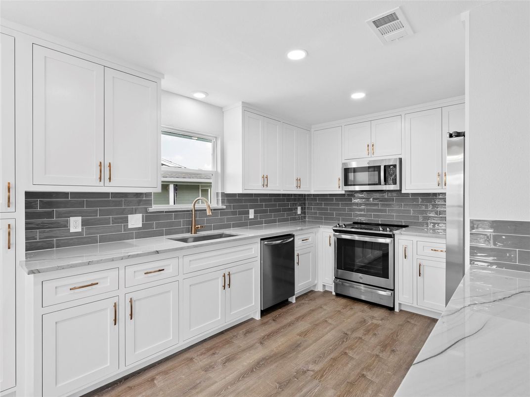 Interior, Kitchen, Recessed Lighting, Stainless Steel Appliances, Wood Texture Flooring