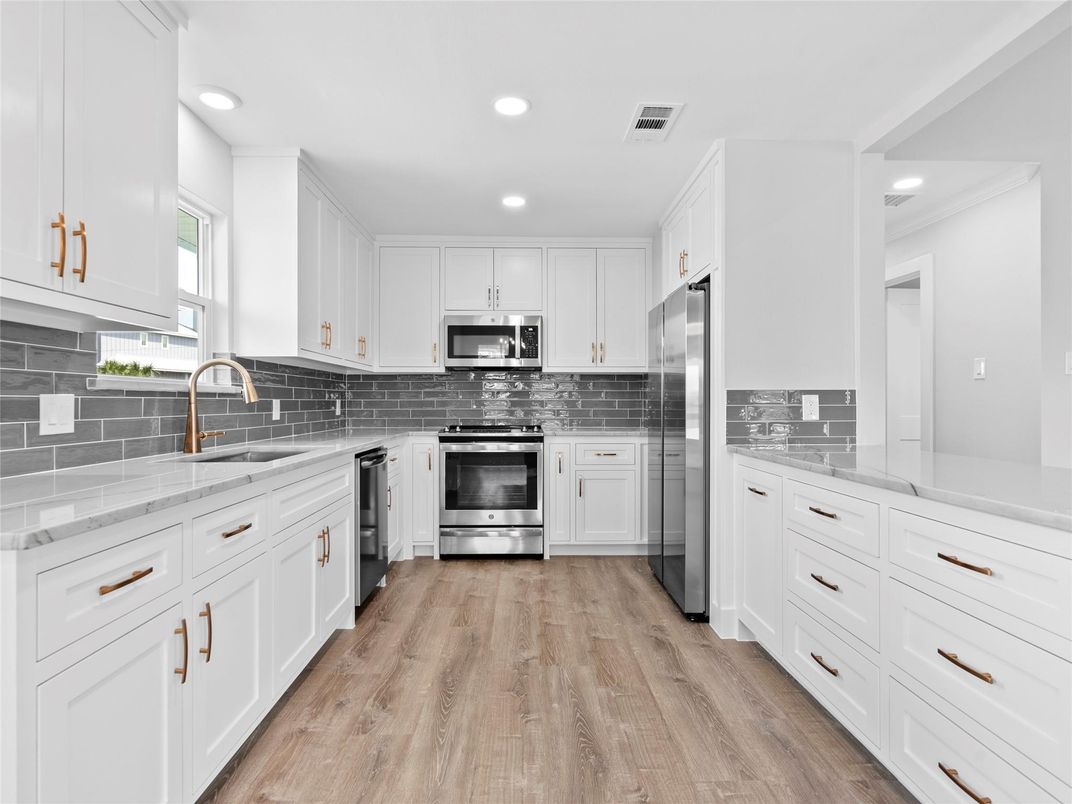 Interior, Kitchen, Recessed Lighting, Stainless Steel Appliances, Wood Texture Flooring