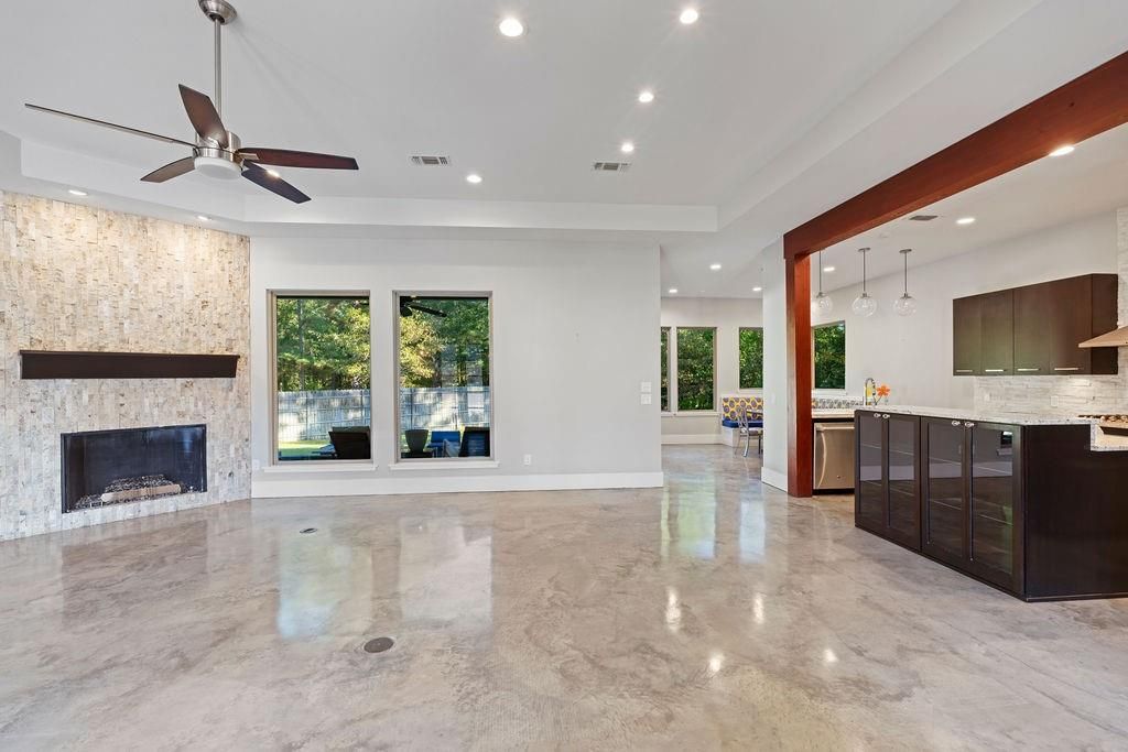 Empty room, Fireplace, Interior, Kitchen, Marble, Pendant Lights, Recessed Lighting, Stainless Steel Appliances