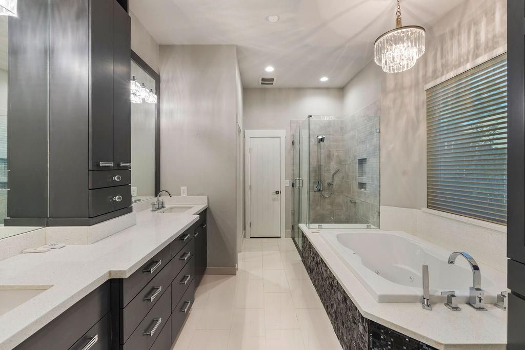 Bathroom, Dual Sink Vanities, Glass Shower, Interior, Pendant Lights, Recessed Lighting