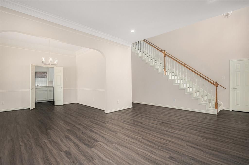 Chandelier, Empty room, Interior, Recessed Lighting, Wood Texture Flooring