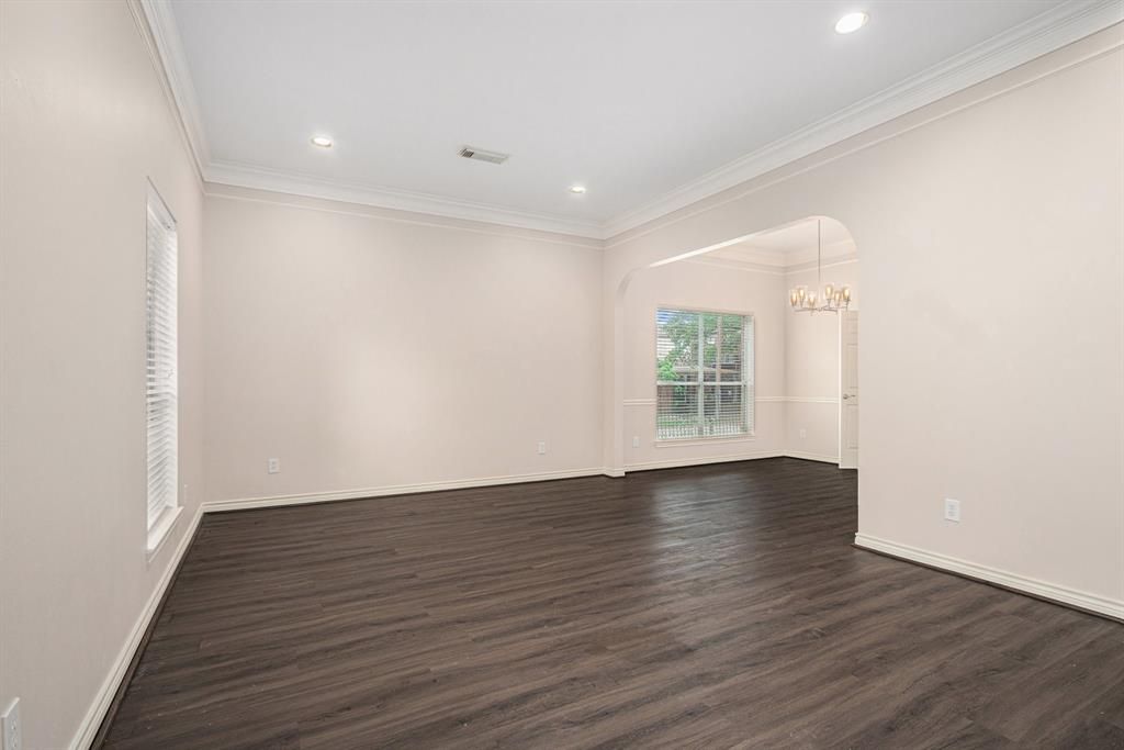 Chandelier, Empty room, Interior, Pendant Lights, Recessed Lighting, Wood Texture Flooring